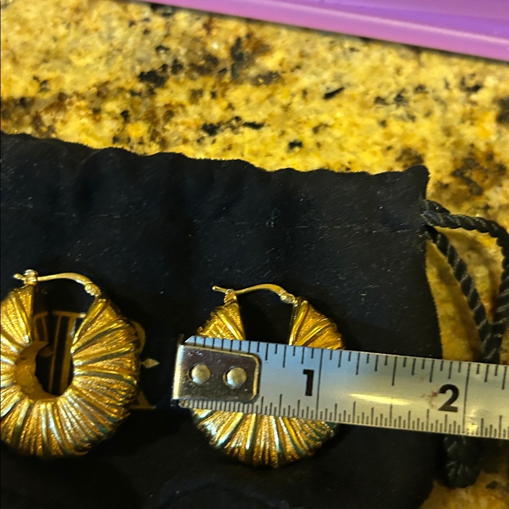 LR Bronze Italy Gold Tone Earrings with black drawstring dust bag, 1 1/4” - Picture 6 of 6